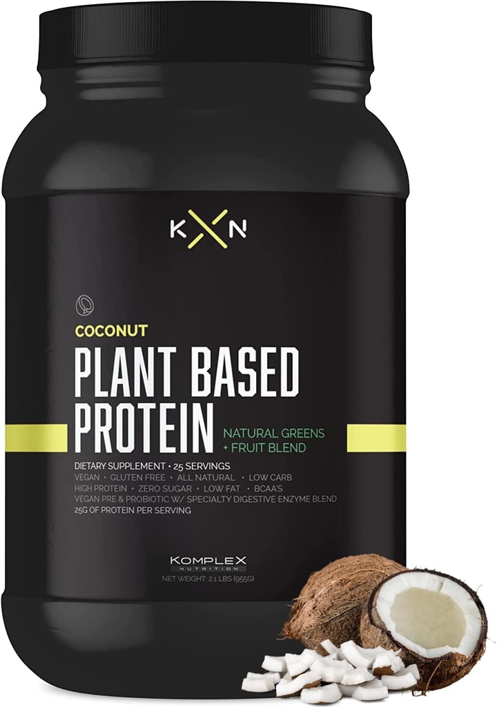 KompleX Nutrition Plant Based Protein Powder (25 Servings) - Coconut Flavored Natural, Vegan, Zero Sugar, Low Fat, Non GMO Dietary Supplement Made from 29 Natural Greens & Fruits