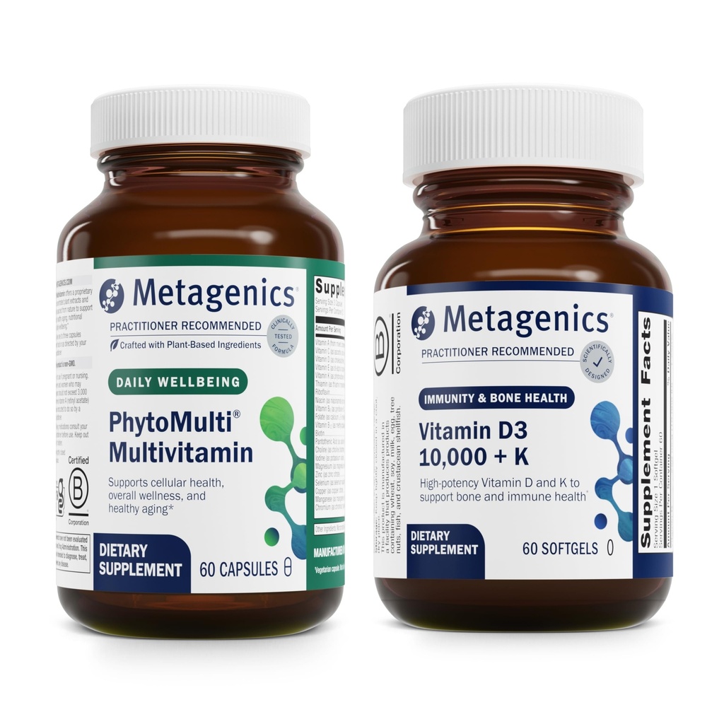 Metagenics Bundle - PhytoMulti & D3 10,000 + K - 60 Capsules of PhytoMulti for Men & Women - 60 Softgels of D3 10,000 + K for Immune Support, Bone Health & Heart Health
