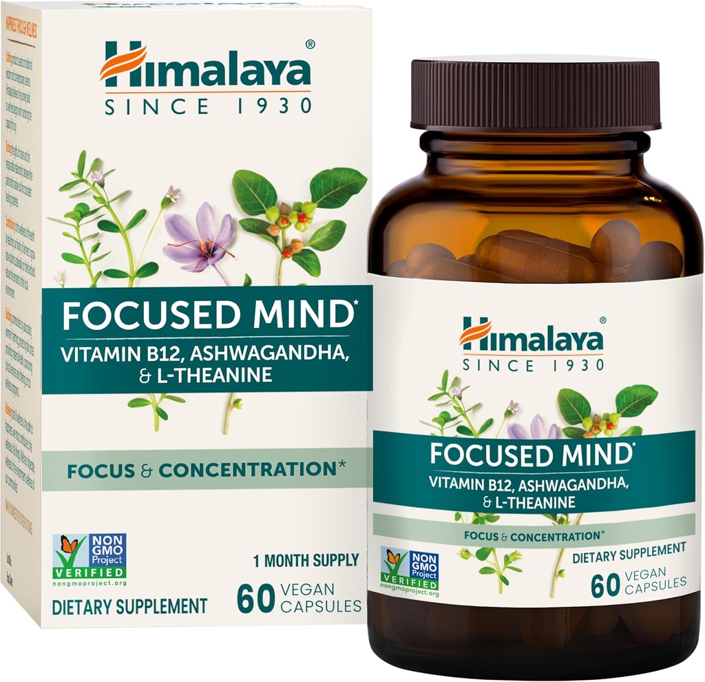 Himalaya Focused Mind with Ashwagandha, Bacopa & L-Theanine for Focus, Energy and Attention, 60 Capsules, 1 Month Supply, Vegan, Gluten Free