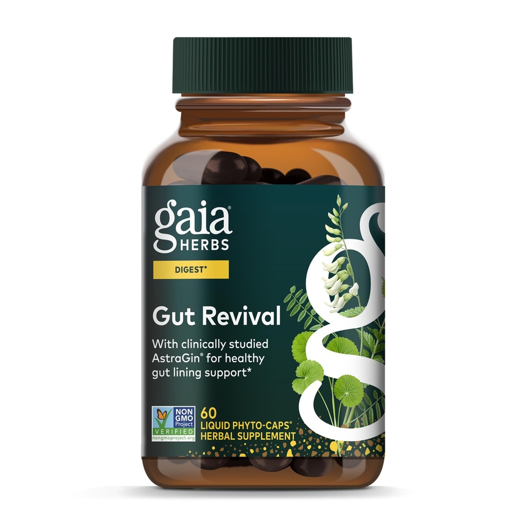 Gaia Herbs Gut Revival - Herbal Supplement to Support Healthy Gut Lining* - Made with AstraGin, Gotu Kola, Jujube & More - Free from Dairy, Soy & Gluten - 60 Vegan Liquid Phyto-Caps (60 Servings)