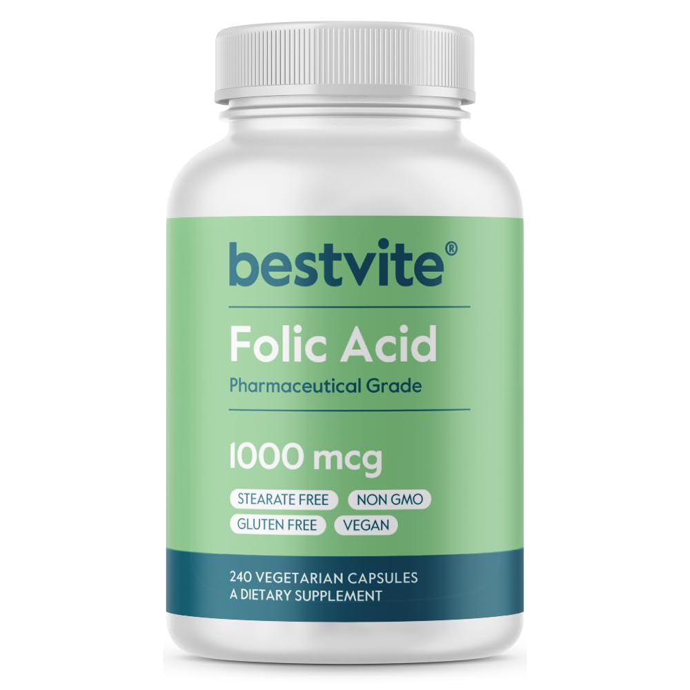 BESTVITE Folic Acid 1000mcg (Vitamin B9) (240 Vegetarian Capsules) - No Dicalcium Phosphate - No Stearates -No Silicon Dioxide - Non GMO - Gluten Free