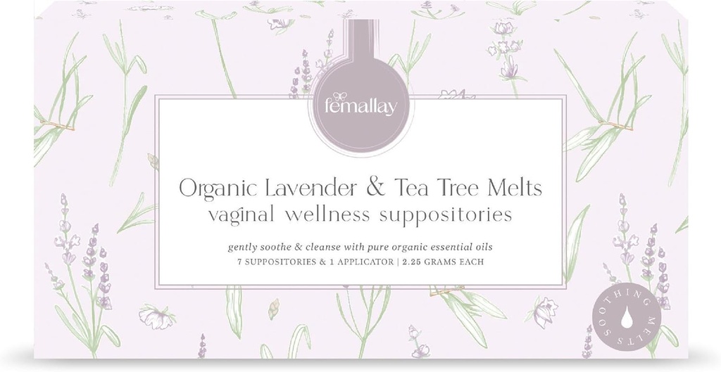 Femallay Organic Lavender and Tea Tree Oil Vaginal Cleansing Suppositories for Hygiene, 100% Natural Melts for Feminine Care, Great for Dryness and More, 7 Individually-Sealed Melts + 1 Applicator