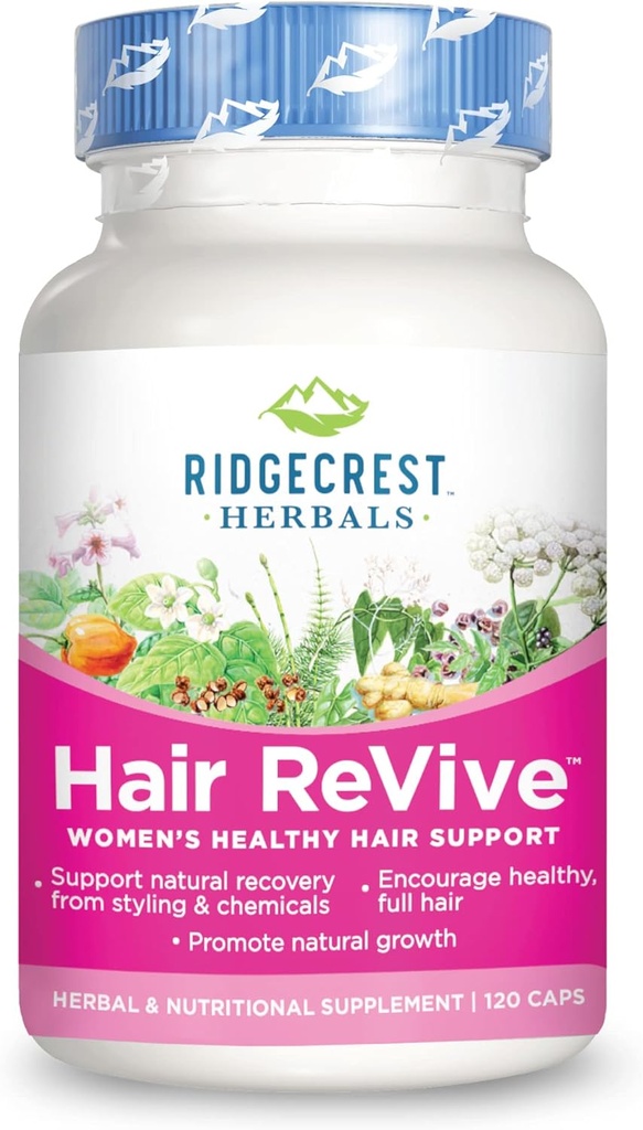 RidgeCrest Herbals Hair ReVive, Nutritional Hair Supplement with Vitamin C, Biotin (6000mcg), Zinc, and Copper, Hair Vitamins for Women to Support Healthy Hair, Skin, and Nails (120 Caps, 30 Servings)