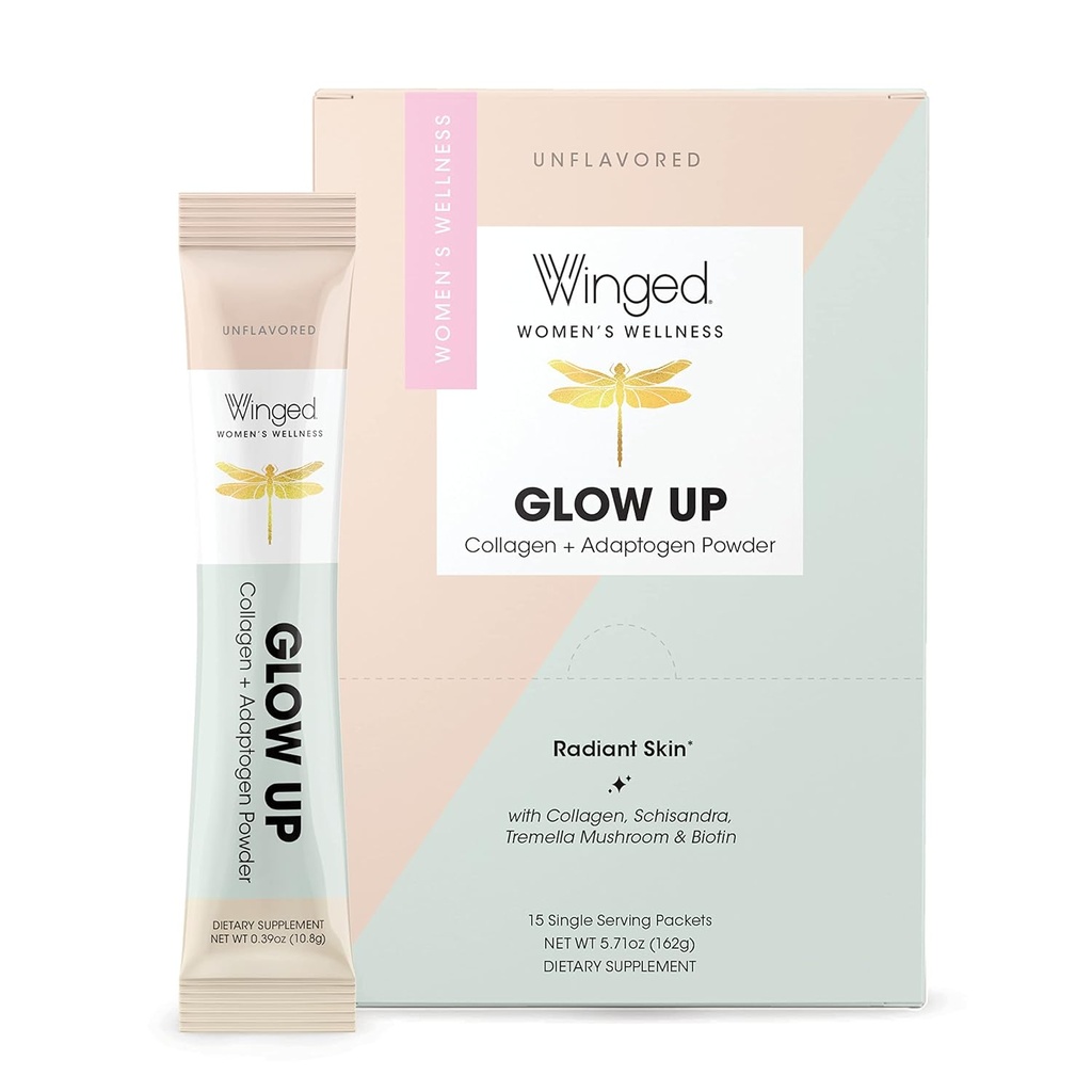 Winged Glow Up Collagen Powder | Better Hair, Skin, Nails For Women | Grass Fed Collagen Peptides W/Adaptogen Schisandra, Snow Mushroom, Vitamin C & Biotin | Unflavored, Non Gmo, 15 Count