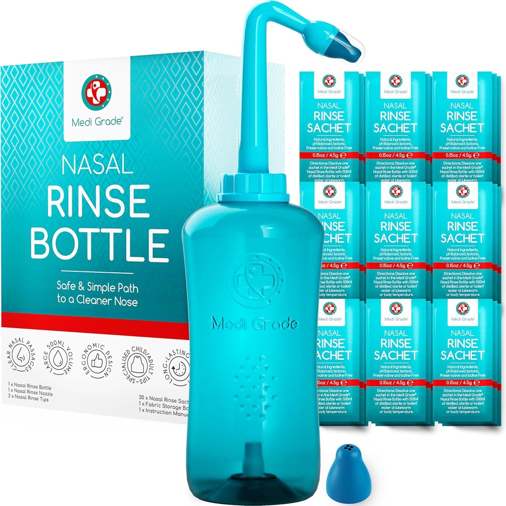 Medi Grade Sinus Rinse Bottle, 500ml with 30 Sinus Rinse Packets - Complete Nasal Irrigation System - Neti Pot Nose Cleaner - Nasal Wash Kit for Home or Travel - 2 Nasal Rinse Tips and Storage Bag