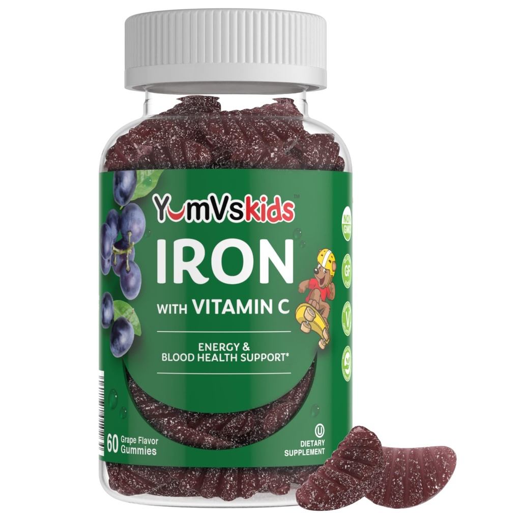 Iron Supplement for Kids – 5 mg Kids Gummies with Vitamin C – Great-Tasting Gummies Grape Flavor – Supports Immune Health & Helps with Iron Deficiency – Vegan, Kosher, Non-GMO – 60 Count