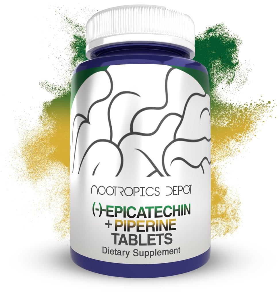 Nootropics Depot Epicatechin Tablets | 200mg (−)−Epicatechin + 6mg Piperine for Bioavailability | Green Tea Extract | Promotes Muscle Mass, Cardiovascular Health, and Energy | 30 Count