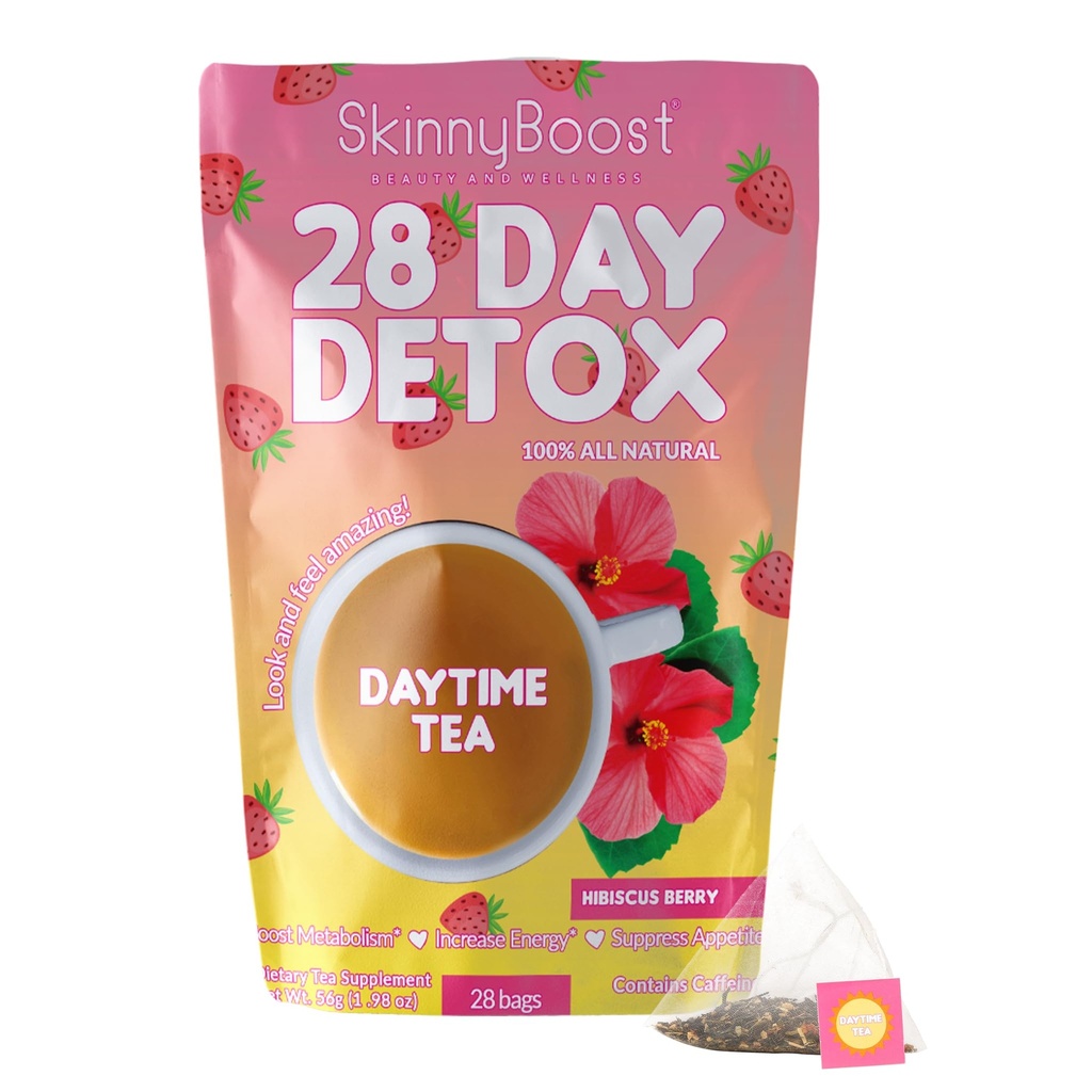 SkinnyBoost 28 Day Detox Daytime Tea -HIBISCUS BERRY (28 Tea Bags) Supports Metabolism Boost, Detox, Antioxidants, Energy, Digestion, Non GMO, Vegan, Keto Friendly