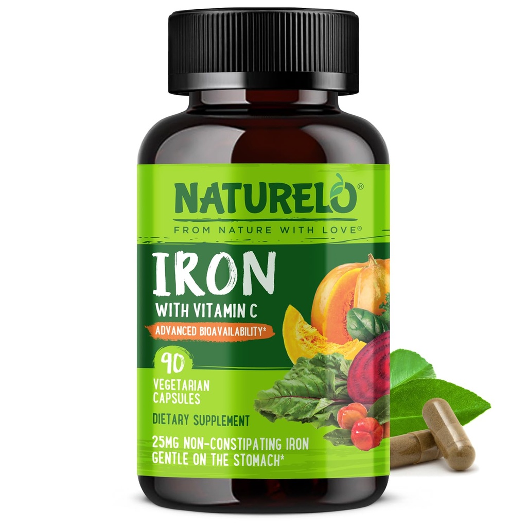 NATURELO Vegan Iron Supplement with Vitamin C and Organic Whole Foods - Gentle Iron Pills for Women & Men with Iron Deficiency Including Pregnancy, Anemia and Vegan Diets - 90 Mini Capsules