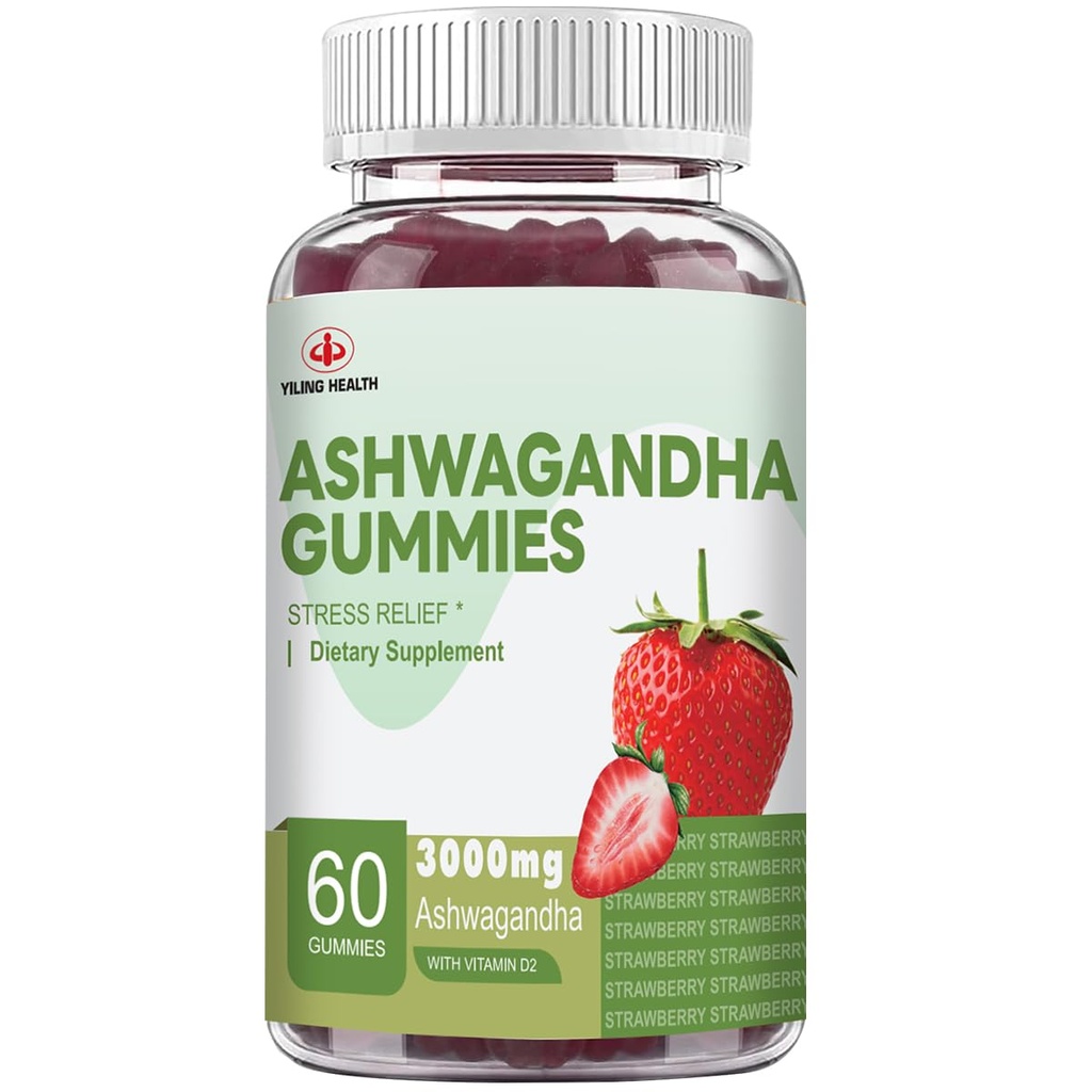 YiLing Ashwagandha Gummies for Women & Men, 3000 Mg of High-Potency Ashwagandha Root Extract Boosts Energy, Improves Sleep, Relieves Stress and Calms Mood, 60 Count Strawberry Flavor Ashwagandha