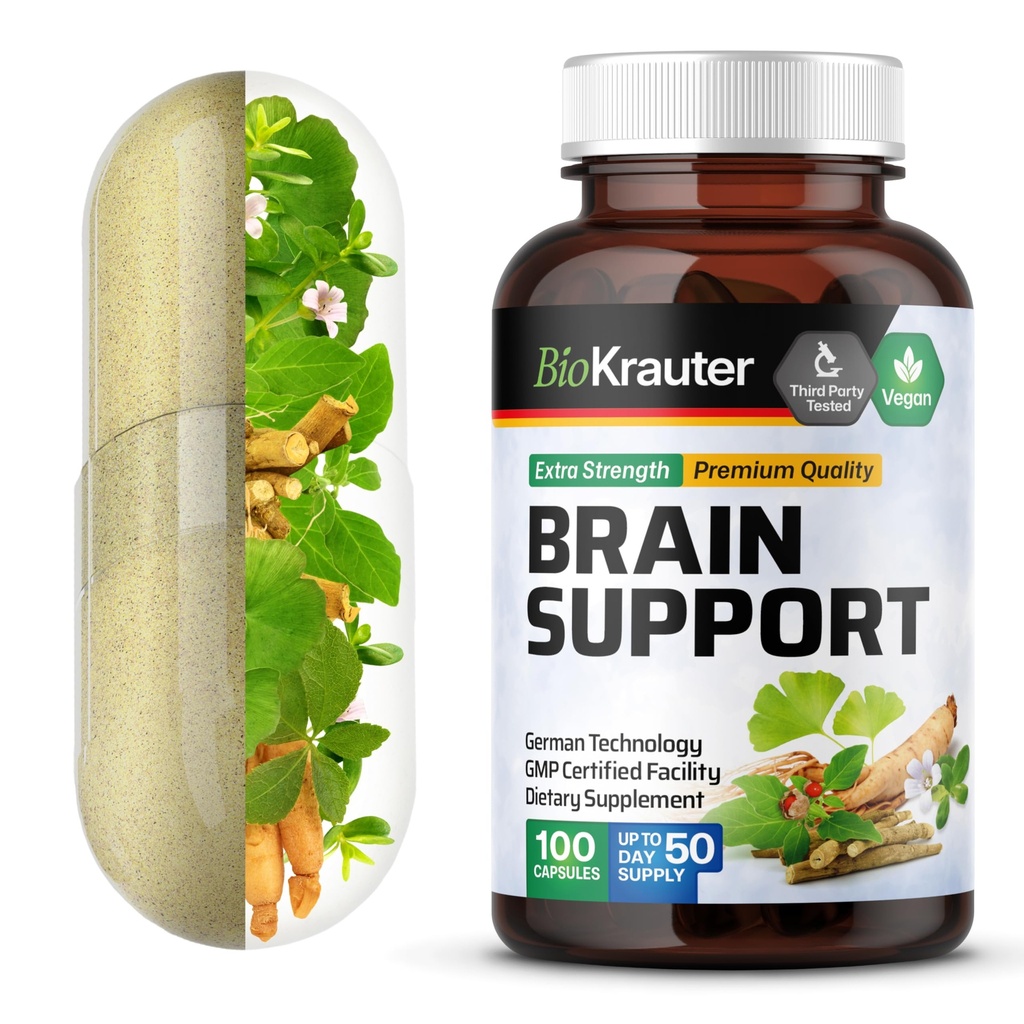 BIO KRAUTER® 4-in-1 Brain Supplements for Memory and Focus with Ginkgo Biloba, Ginseng, Bacopa Monnieri & Ashwagandha - Vegan Brain Health Supplements for Men & Women - 100 Capsules, 50-Day Supply
