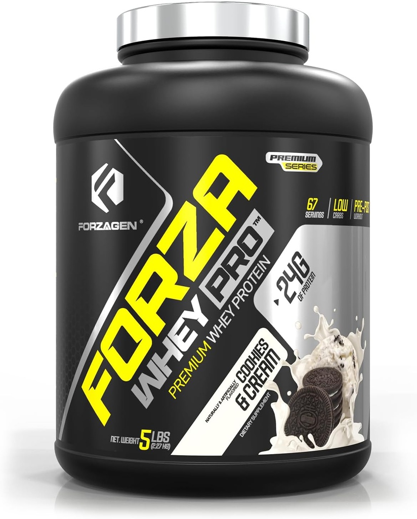 Forzagen Whey PRO Low Carb Protein Powder | 24g of Protein per Serving, Low-Sugar, Premium Whey for Shakes & Mixes for Men & Women, BCAA | Cookies & Cream, 5 lbs. (67 Servings)