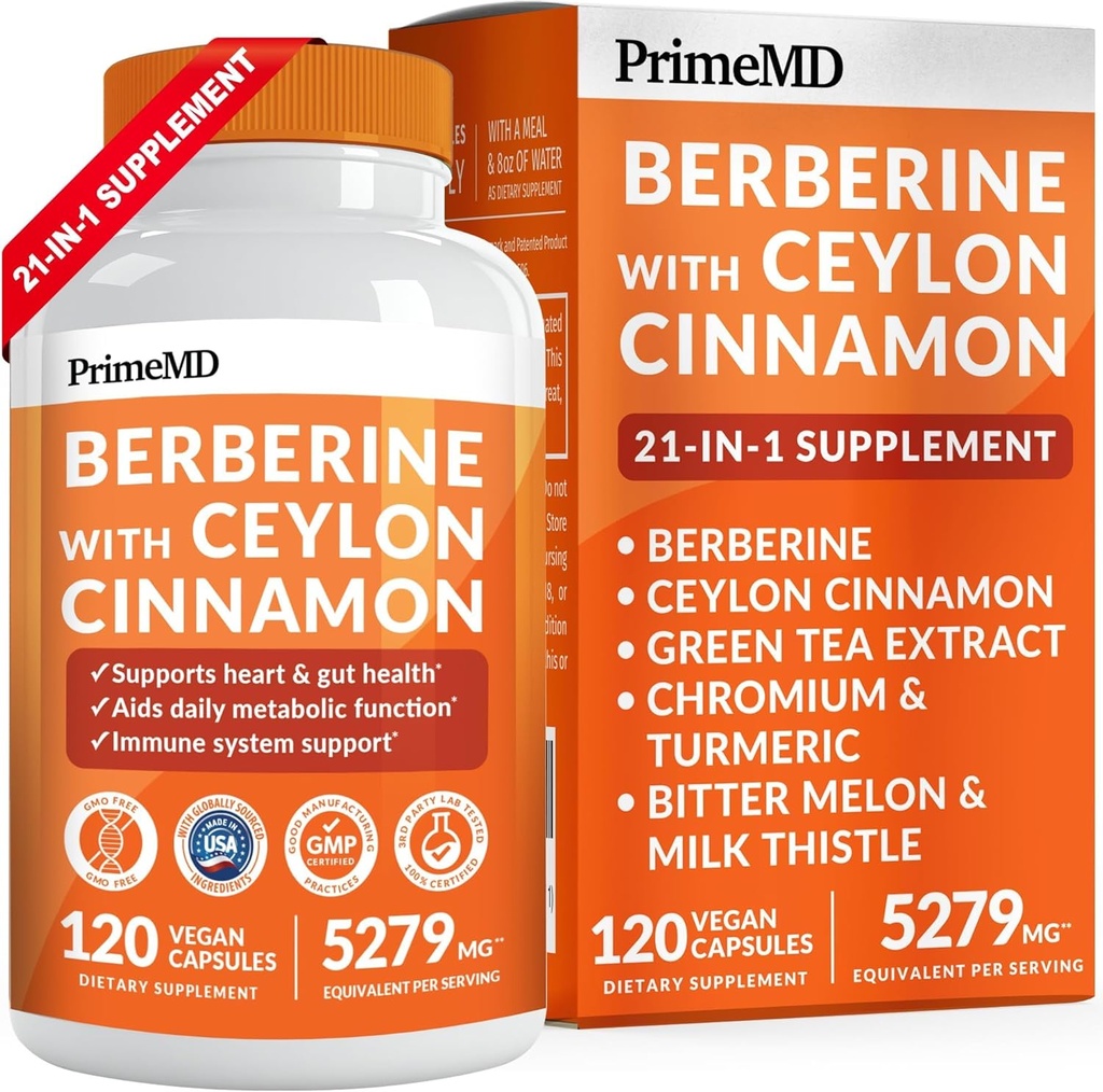 21-in-1 Berberine Supplement with Ceylon Cinnamon - Berberine 1500 mg with Chromium, Bitter Melon and Green Tea Extract - Berberine 5X for Weight Management & Metabolism Support with 5279 mg (120 ct)