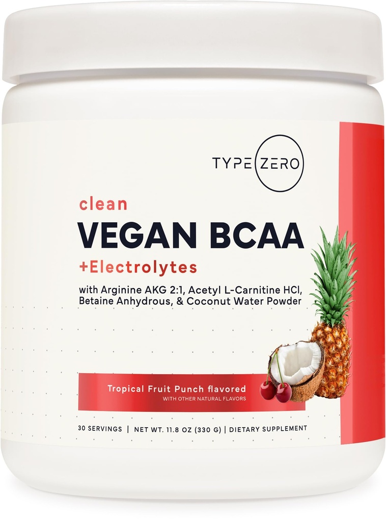 Type Zero Ultra Clean Vegan BCAA Powder + Electrolytes (Tropical Fruit Punch | 6G) 2:1:1 Sugar-Free/No Sucralose BCAAs Amino Acids Supplement - BCAA Vegan Amino Acids After Workout Drink, 30 Servings
