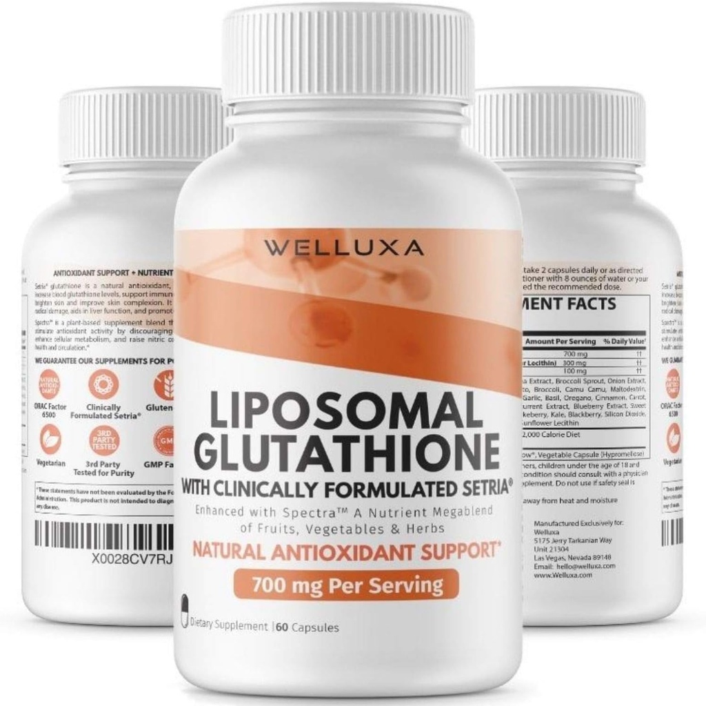 Liposomal Glutathione (Setria® 700 mg) - Glutathione - Glutathione Supplement - Active Form Pure Glutathione - Enhanced Absorption - Non GMO Antioxidant, Detox, Cardiovascular, Immune Health (60 ct)