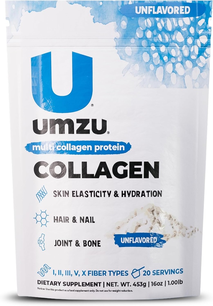 UMZU ZuCollagen Hydrolyzed Protein Powder | 5 Collagen Peptide Types for Healthy Hair, Skin, Nails, Joints & Gut | Low Calorie, High Protein (20g Protein per Serving | Unflavored)