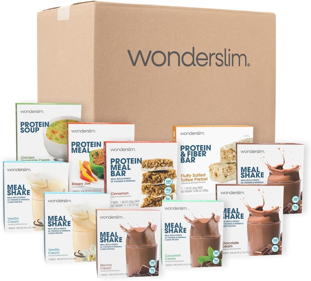 Wonderslim 2 Week Weight Loss Meal Kit – 70 Ready to Eat Diet Foods for Weight Loss, Prepackaged Meals & Snacks for Men & Women, with Built-In Structure for Long-Term Success