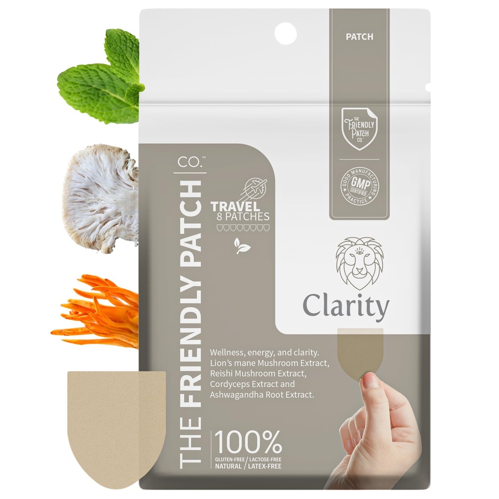 The Friendly Patch – Clarity Mushroom Patches with Lion’s Mane Mushroom, Reishi, Cordyceps & Ashwagandha – Nootropic Energy, Memory, Focus for Women and Men 8 Pack