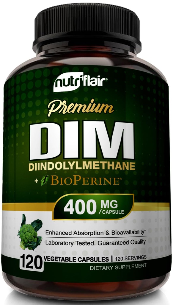 NutriFlair DIM 400mg with BioPerine, 120 Capsules - High Potency Diindolylmethane Supplement - for Men & Women - Vegan, Non-GMO - 4 Month Supply