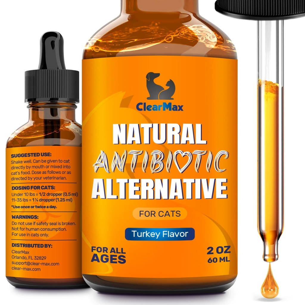 Antibiotics for Cats in Drops – Сat Respiratory Infection Treatment: Cold, Cough, and Allergies – Cat UTI Treatment with Turkey Flavor – May Support Hips & Joints – Proper for All Ages & Breeds – 2 Oz