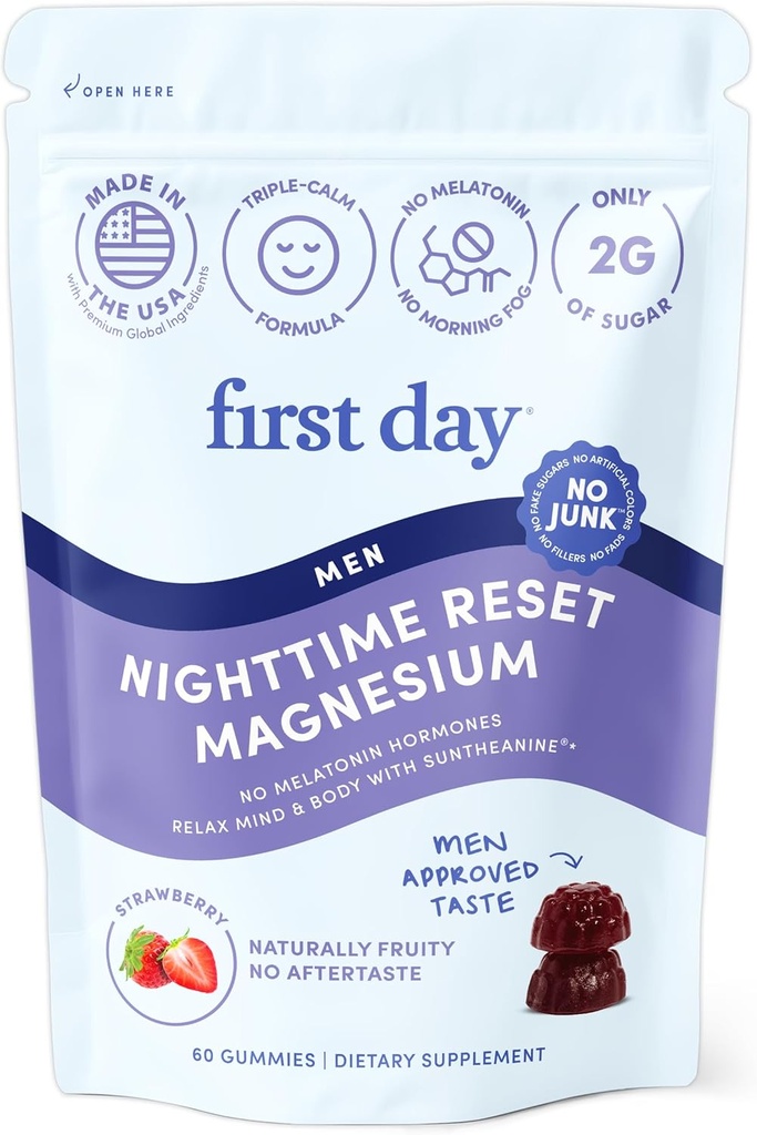 First Day Men’s Nighttime Reset Calming Magnesium Gummies – Sleep Aid Supports Peaceful Rest, Balanced Mood & Energy – Supplement with Magnesium Citrate, L-Theanine & No Melatonin – 30-Day Supply