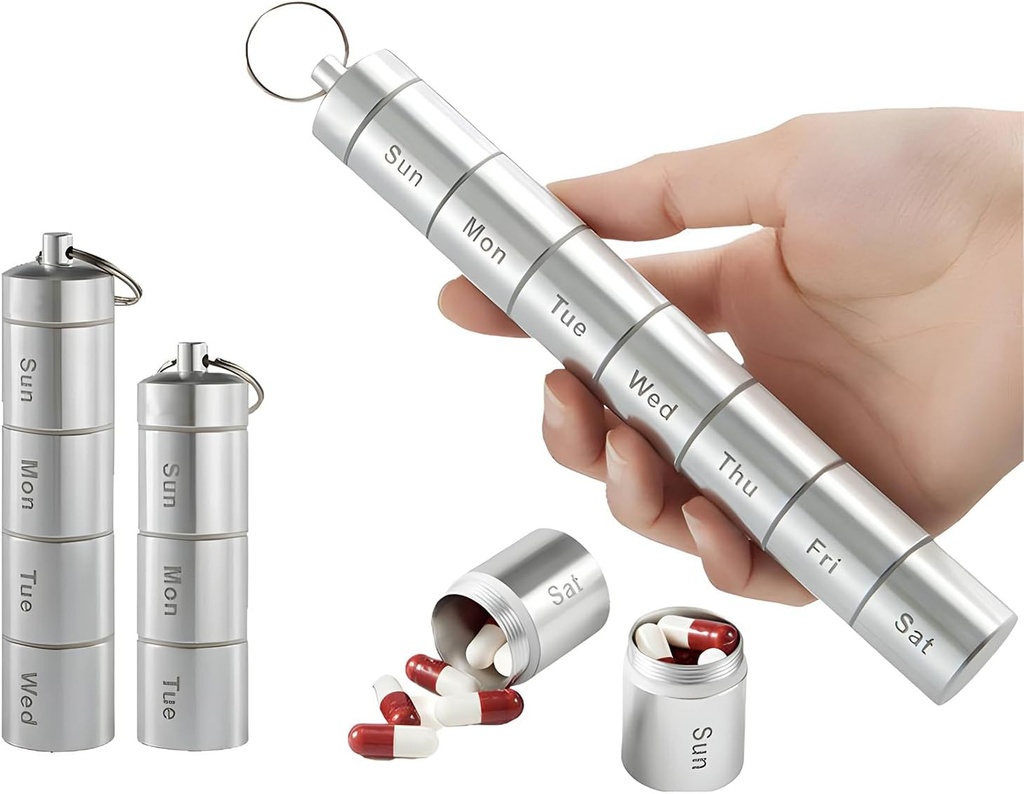 Zam-Zam Daily Pill Organiser | Portable 7 Day Pill Organizer | Large Capacity Travel Pill Container | Convenient Weekly Pill Box for Medication Management | Travel Pill Organizer with Labels(Aluminum)