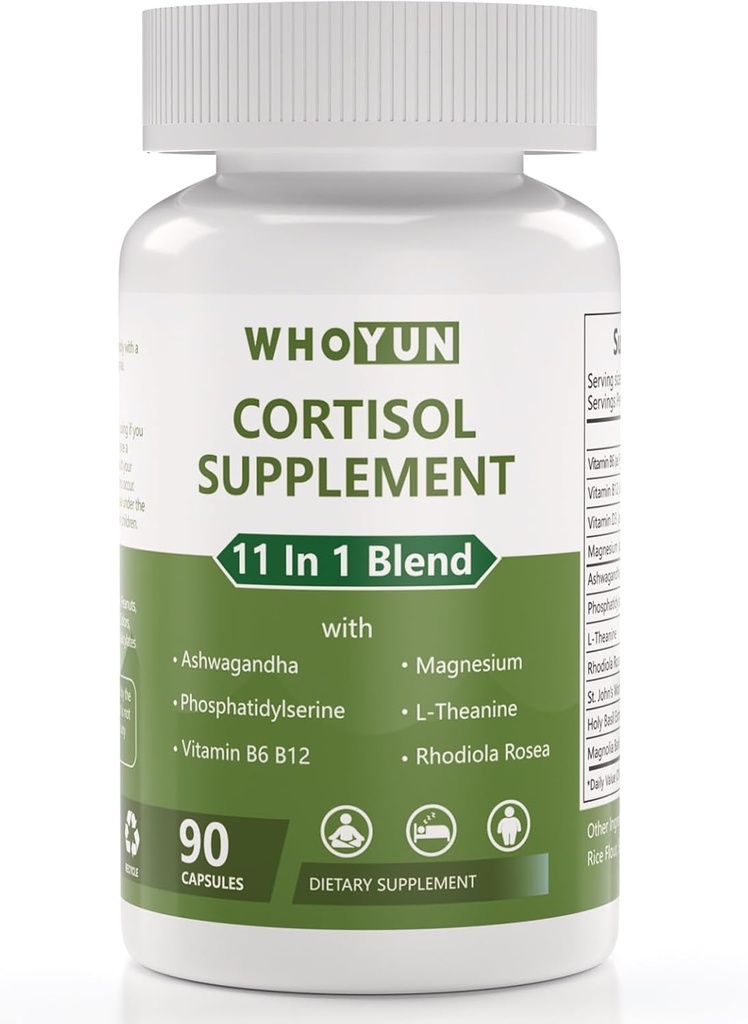 Cortisol Supplement for Women, 11 in 1 Lower Cortisol Blend with Ashwagandha, Phosphatidylserine, Magnesium, L-Theanine, Vegan, 90 Capsules