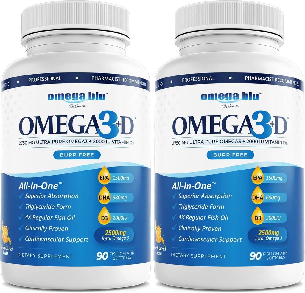 Triple Strength Pharmaceutical Grade Fish Oil 2750mg - Vitamin D3 50mcg - 1500mg EPA - 680mg DHA - Heart - Cholesterol - LDL - HDL - No Burps or Heartburn - High Concentration - 90 Servings
