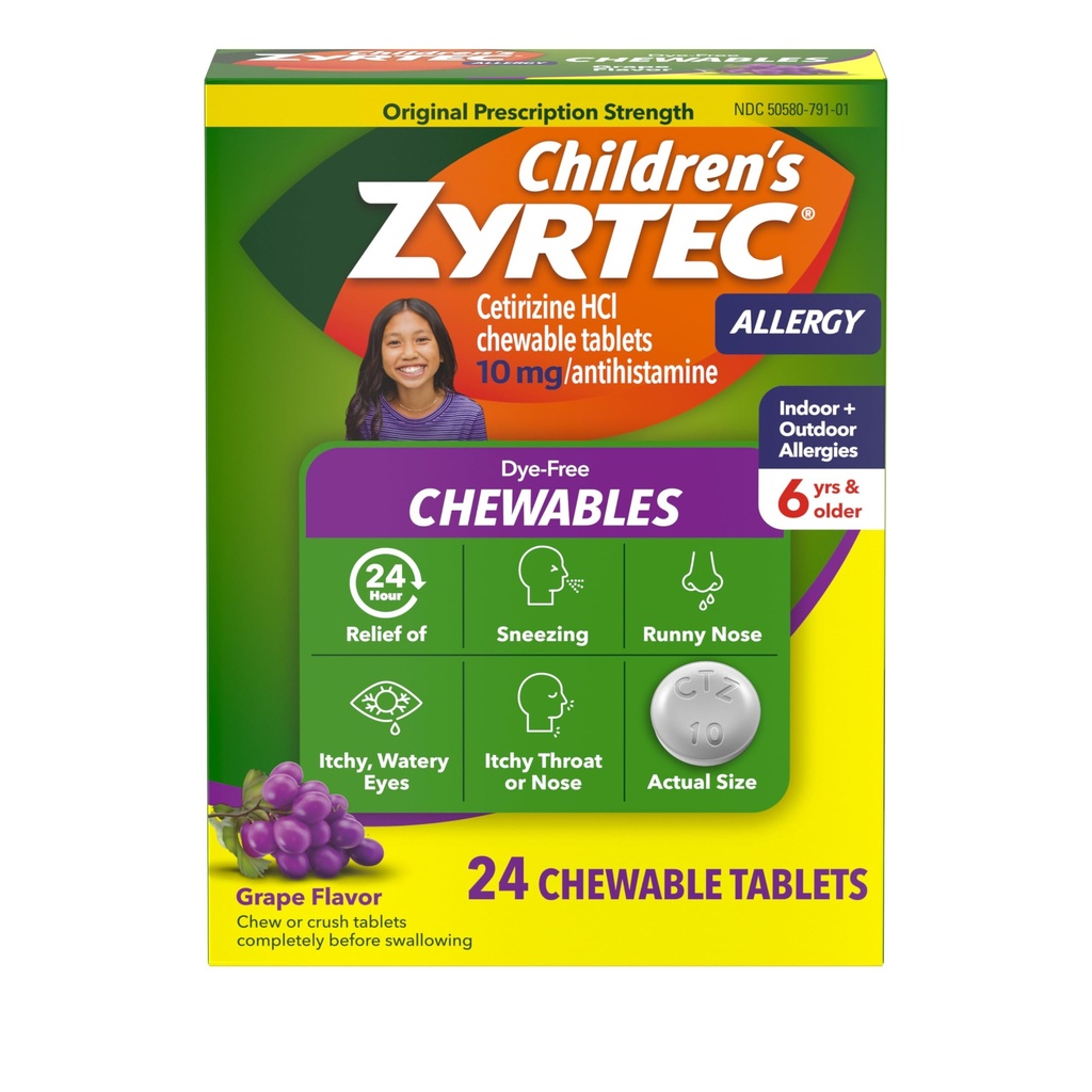 Zyrtec Children's Dye-Free Chewables for 24 Hour Allergy Relief, 10 mg Cetirizine Hydrochloride Antihistamine Tablets, Kids Allergy Medicine Relieves Sneezing & Itchy Throat, Grape, 24 ct