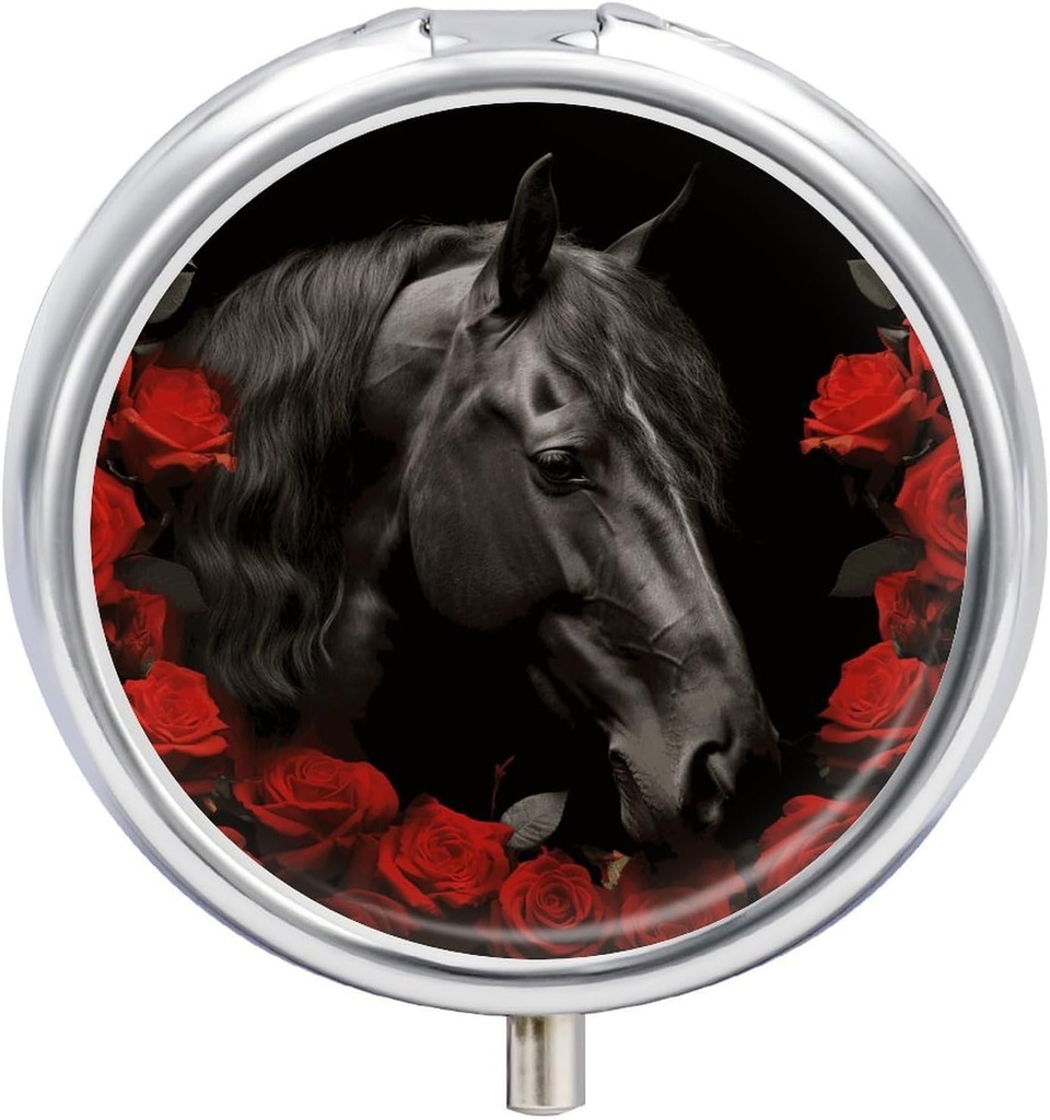 Black Horse on A Background of Red Roses Pill Case 3 Compartment Portable Pill Box Daily Round Pill Organizer for Pocket Purse Daily Medicine Container to Hold Vitamins Fish Oil Travel Gifts