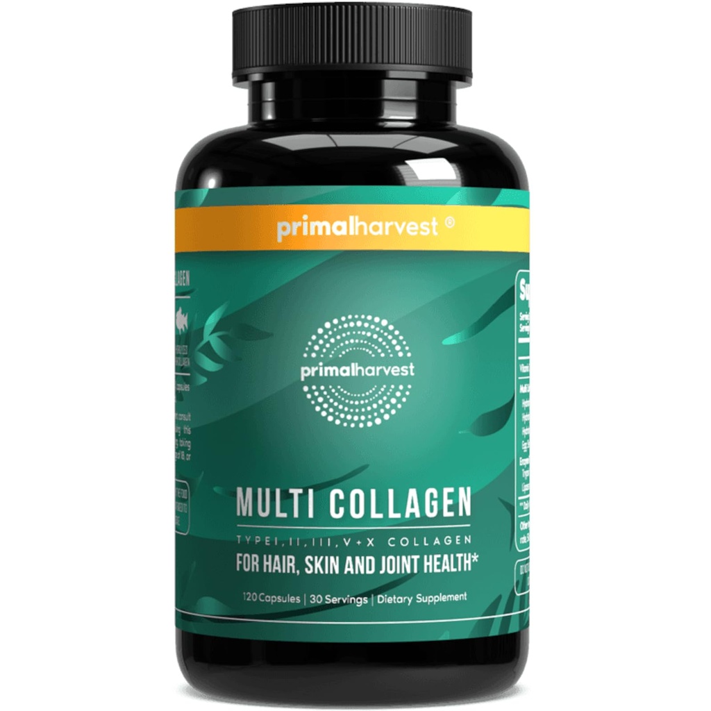 Primal Harvest Multi Collagen Pills for Women and Men (Type I, II, III, V, X) 120 Capsules w/Vitamin C for Hair, Skin, Nails
