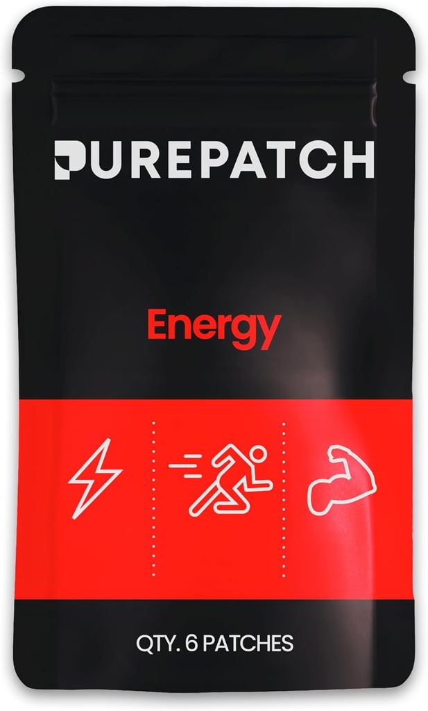 Pure Patch Energy Patch – Plant-Based Vegan Topical Patch – Caffeine – CoQ10 – Amino Acids – Electrolytes – Non-Ingestible – Water-Resistant – Gentle on Skin – Gluten Free – Made in USA – 6 Patches