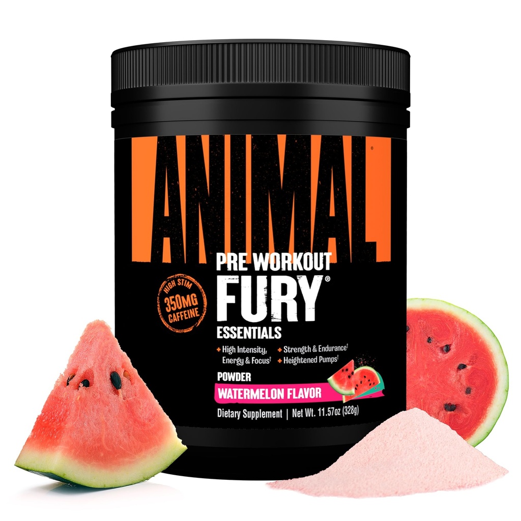 Animal Fury Pre Workout Powder - Watermelon, 350mg Caffeine, BCAA Amino Acids, 2g Beta Alanine, Citrulline & Tyrosine, Energy, Focus, Strength, Endurance, Preworkout for Men & Women, 20 Servings