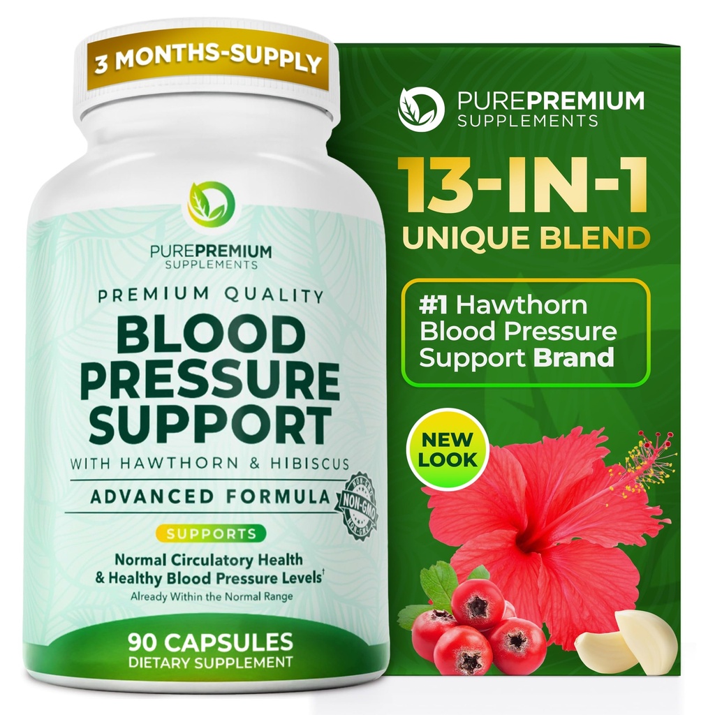 PurePremium Blood Pressure Supplements with Hawthorn Berry, Hibiscus, Garlic & Vitamin B12- Nitric Oxide Supplement for Normal Heart Health, Circulation Health & Blood Pressure Support - 90ct