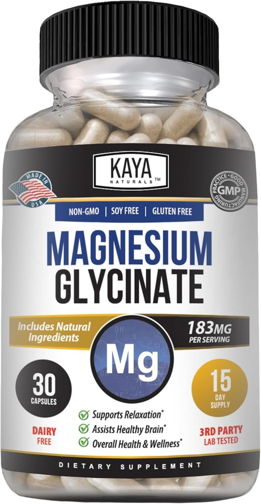 Kaya Naturals Magnesium Glycinate 183mg per Caps, Chelated for Maximum Absorption, Non-GMO, NO Gluten Dairy & Soy, Supports Muscle and Heart Health 30 Count