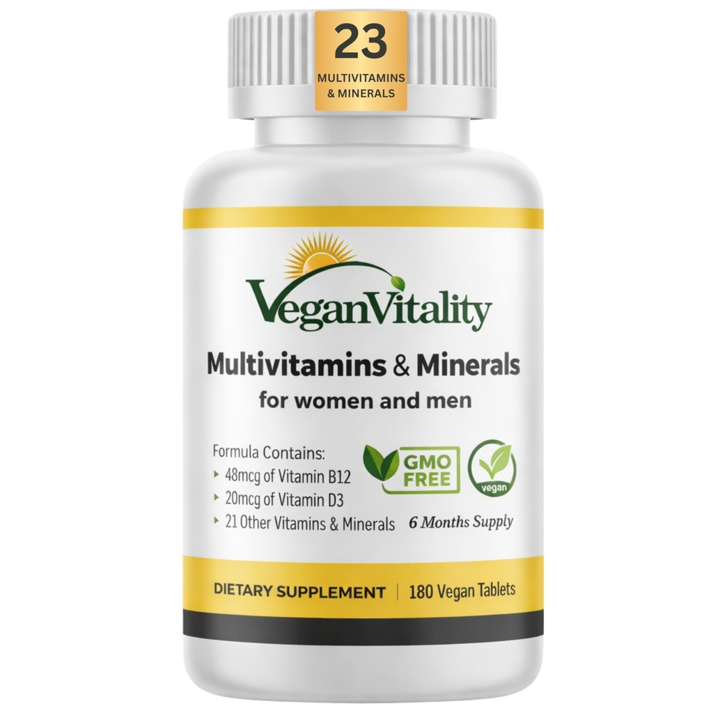 Vegan Vitality Multivitamins & Minerals for Women and Men with High Strength Vitamin B12, D3 & K2. 180 Vegan Multivitamin Tablets - 6 Months Supply. Vitamins for Vegans. Women Multivitamin