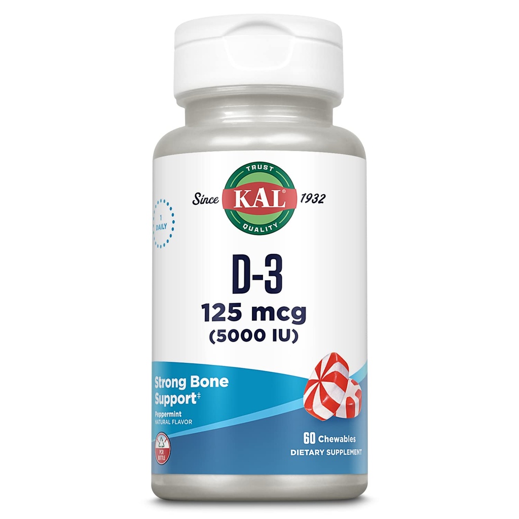 KAL Vitamin D3 Chewable Supplement - 5000 IU 125 mcg, High Potency Vitamin D Chewables, Healthy Teeth, Bone Strength and Immune Support, Natural Peppermint Flavor - 60 Count
