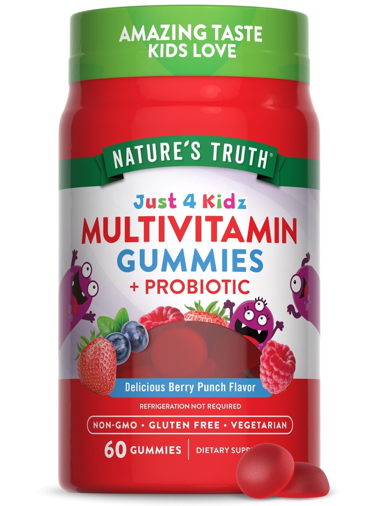 Nature's Truth Kids Multivitamin Gummies with Probiotics | 60 Count | Berry Punch Flavor | Vegetarian, Non-GMO & Gluten Free Supplement