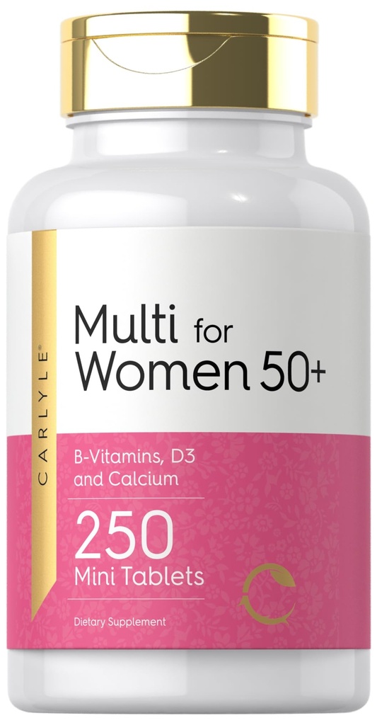 Carlyle Multivitamin for Women 50 Plus | 250 Mini Tablets | Iron Free Supplement | Vitamins A, B12, C, D3, Folate (as Folic Acid) and Calcium | Non-GMO, Gluten Free