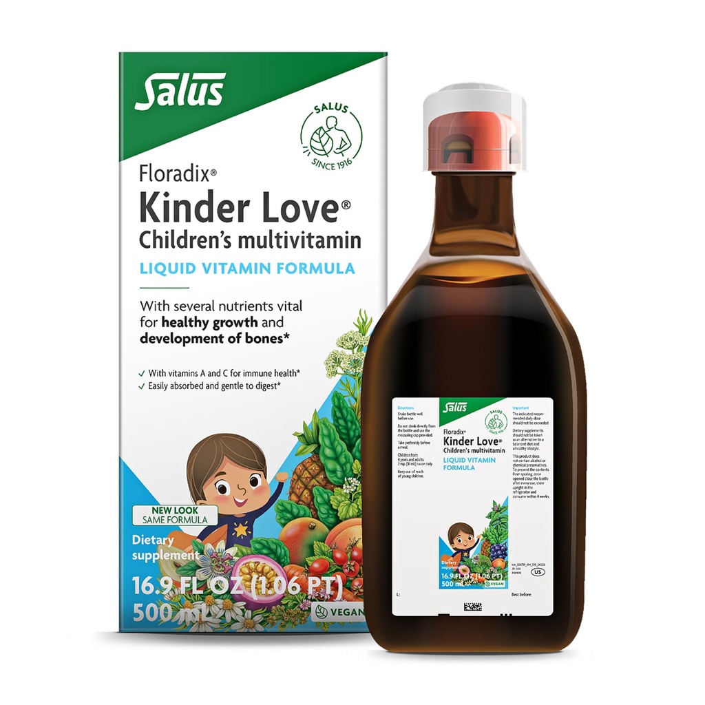 Floradix Kinder Love Children's Multivitamin - Herbal Supplement - Liquid Multivitamin for Kids - Vitamins A, C, D & E, Calcium & More - Vegetarian, Non-GMO, Gluten-Free - 16.9 fl oz
