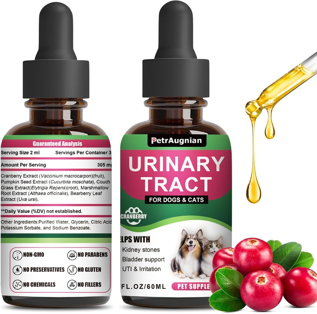 Cat & Dog Urinary Tract Infection Treatment Drops with Cranberry & Natural UTI Medicine - Supports Bladder+Kidney - Best Prevention Incontinence & Bladder Stones -Supplement Renal Health Care Vitamins