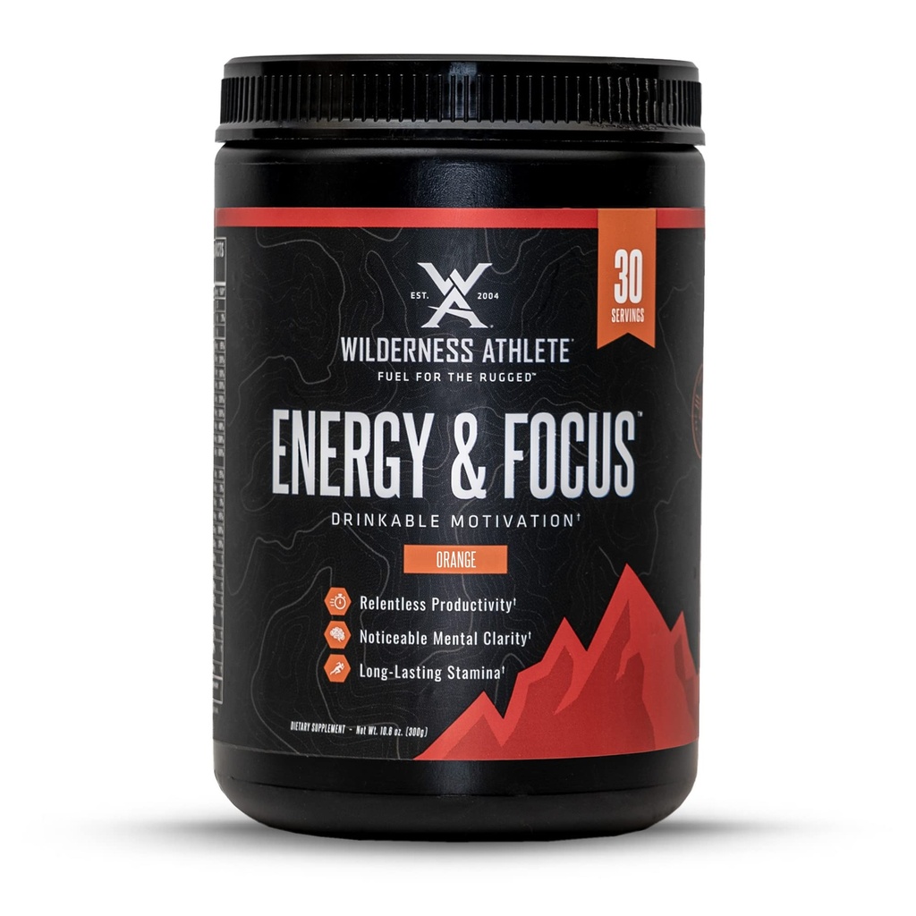 Wilderness Athlete - Energy & Focus | Energy Pre Workout for Women & Men - Energy Powder Drink Mix with Natural Caffeine - Low-Carb, Zero Sugar, No Crash Workout Powder - 30 Serving Tub (Orange)