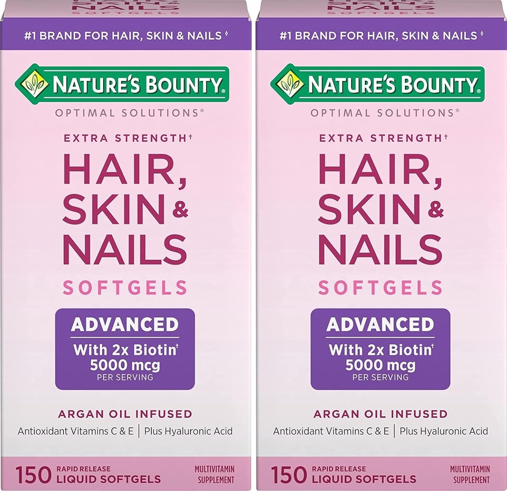 Nature's Bounty Hair, Skin & Nails Rapid Release Softgels, Argan-Infused Vitamin Supplement with Biotin and Hyaluronic Acid, Supports Hair, Skin, and Nail Health for Women, 150 Count (Pack of 2)