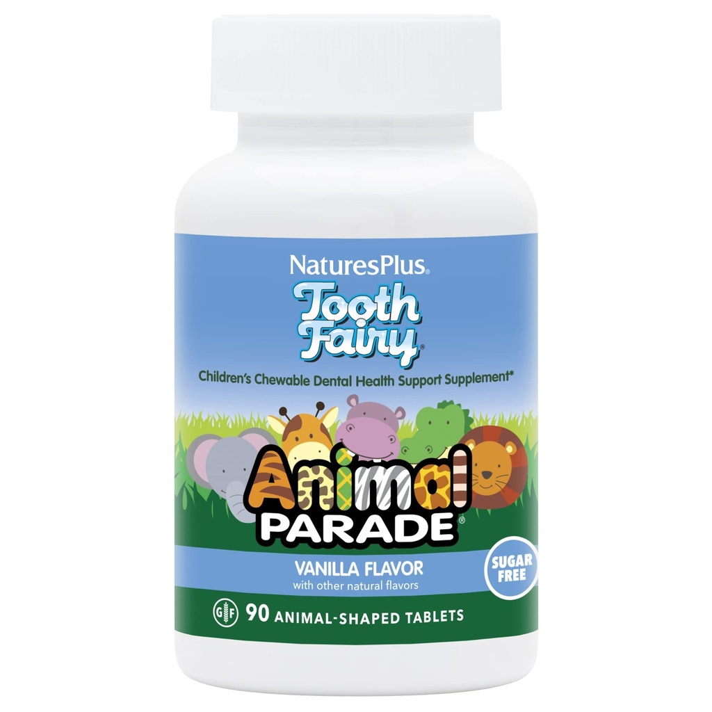 NaturesPlus Animal Parade Tooth Fairy Children's Chewables - Natural Vanilla Flavor - 90 Animal-Shaped Tablets - Dental Health Supplement - Vegetarian, Gluten Free - 45 Servings