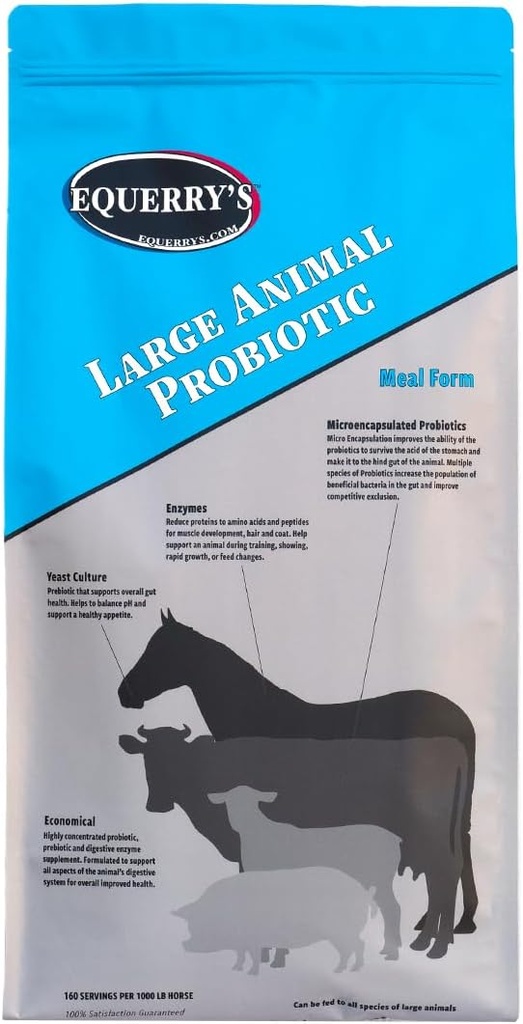 Equerry's Large Animal Probiotic | Supplements for Gut Health and Nutrient Absorption | Probiotics and Digestive enzymes for Horses, Cows, Goats, Sheep, Pigs, 160 Feedings (20lbs) for 1000 lb Animal