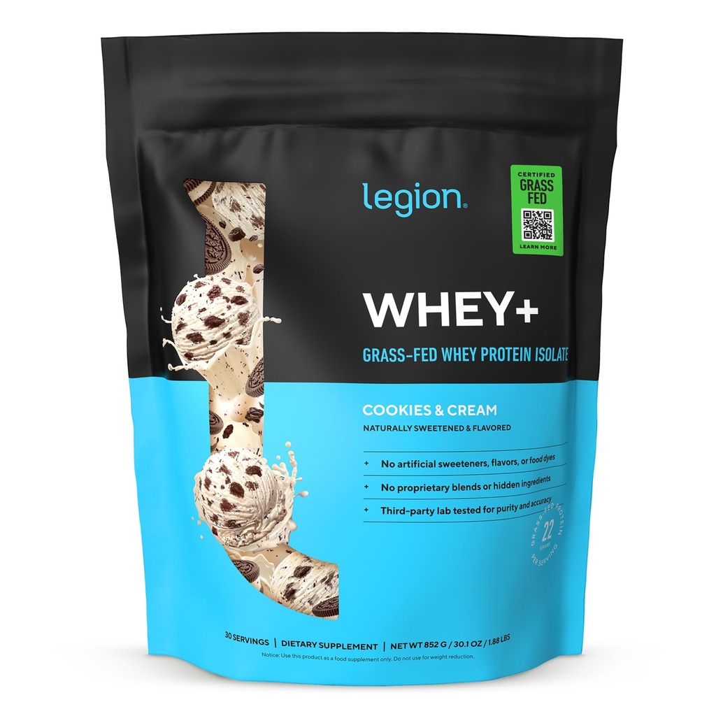 LEGION Whey+ Protein Whey Isolate from Grass Fed Cows (Cookies & Cream, 30 Servings) - Whey Protein Isolate Powder Low Calorie, Non-GMO, Sugar Free, Lactose and Gluten Free, All Natural Protein Powder