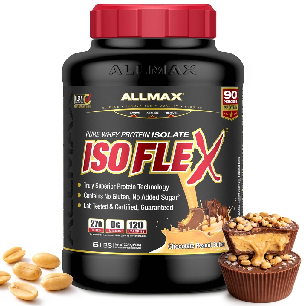 ALLMAX ISOFLEX Pure Whey Isolate Protein Powder - Gluten Free, Low Lactose, Sugar-Free - High-Protein, Clean, Keto-Friendly, Pre Post Workout Supplement, Women and Men | Chocolate Peanut Butter, 5lb