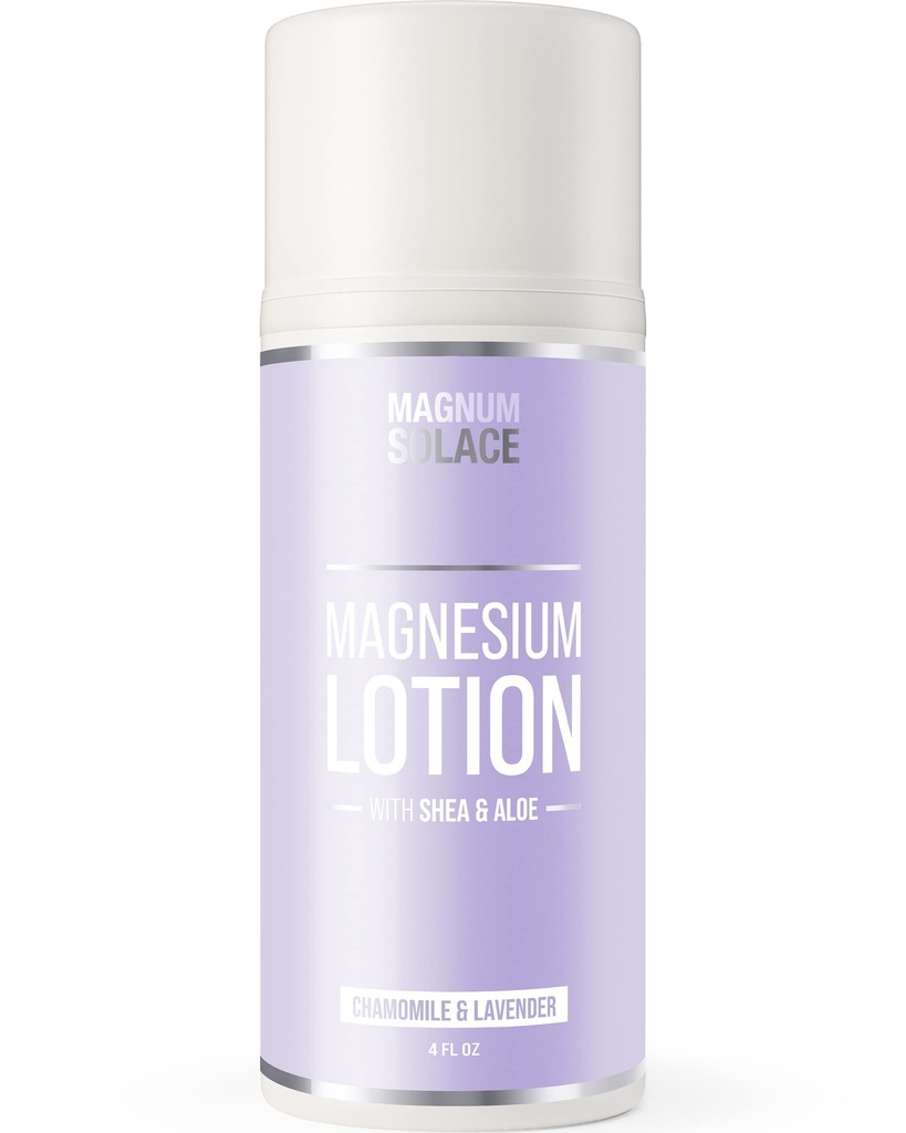 Magnum Solace Magnesium Lotion – Super Concentrated – Made with Aloe and Shea – For Leg Cramps, Sore Muscles & Joints, Rejuvenation – Safe for Kids, Made in the USA (Chamomile & Lavender)