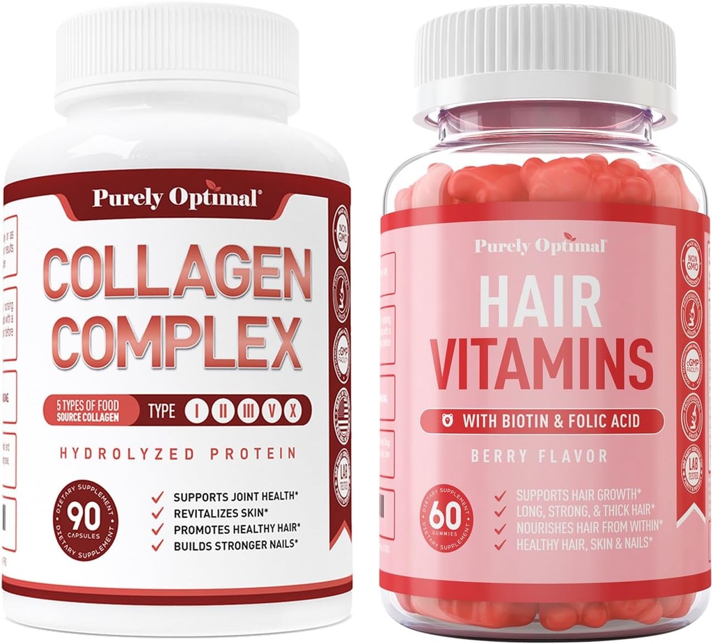 Purely Optimal Premium Multi Collagen Peptides Capsules (Types I, II, III, V, X) + Premium Hair Vitamins Supplement-Gummy Vitamins w/Biotin, Folic Acid, Vitamins A&D