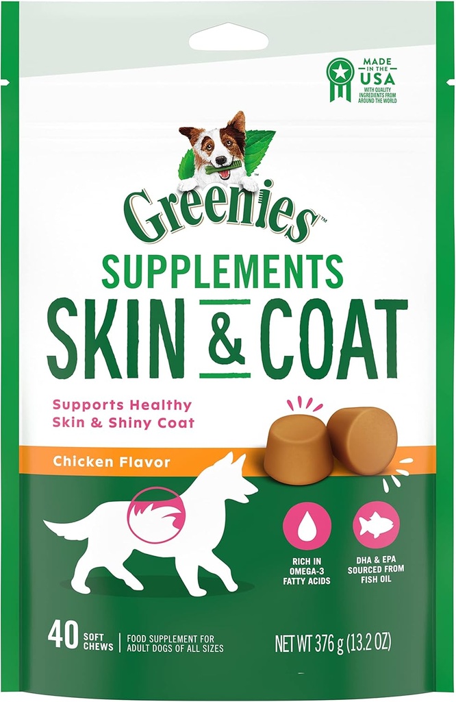 GREENIES Skin & Coat Food Supplements With Fish Oil & Omega 3 Fatty Acids, 40-Count Chicken-Flavor Soft Chews for Adult Dogs of All Sizes